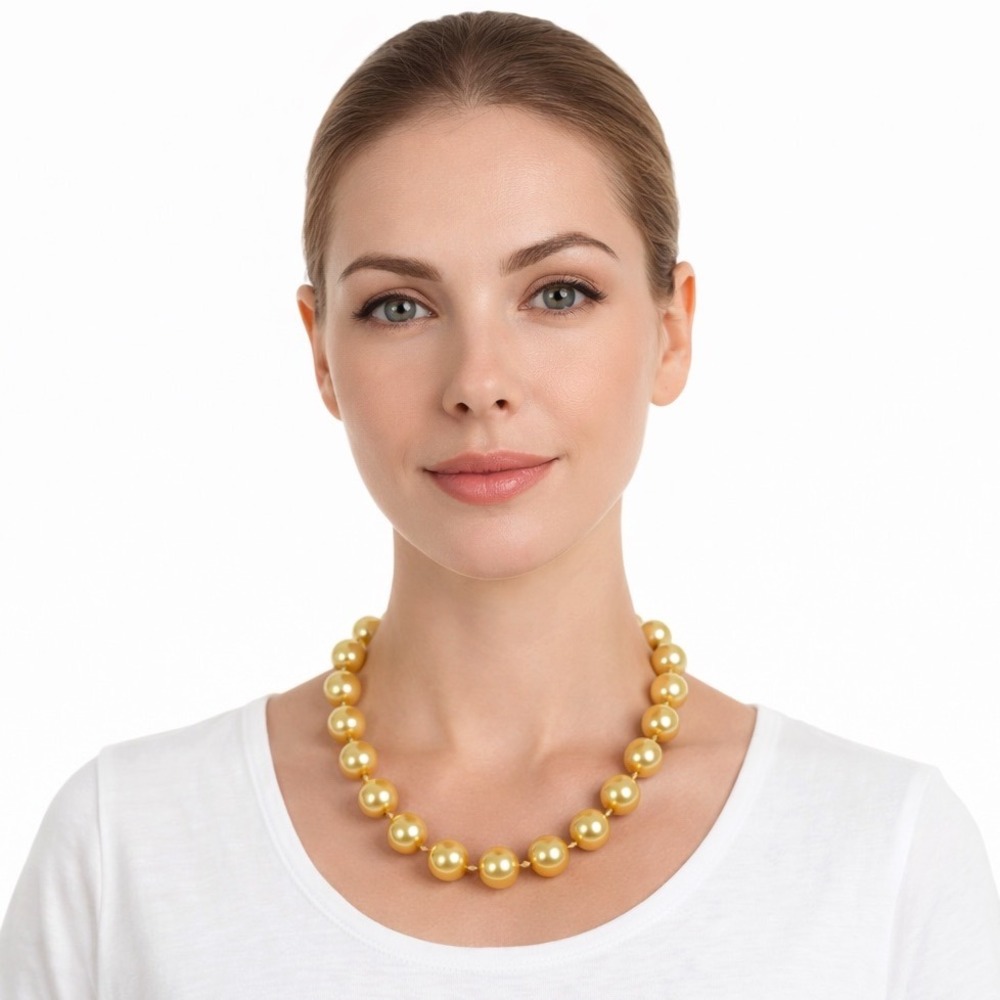 Yellow Faux Pearl Statement Necklace Oversized Beads Golden Resortwear 103-35
